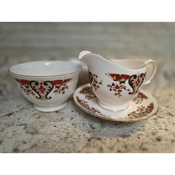 Colclough Bone China Tea Set For 6 Sugar Creamer Gold Trim Red & Black  England - Picture 10 of 13